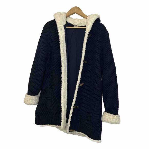 L.L. Bean Sweaters - LL Bean Knit Cardigan Shearling Sherpa Lined Navy Blue Hooded Long - Large